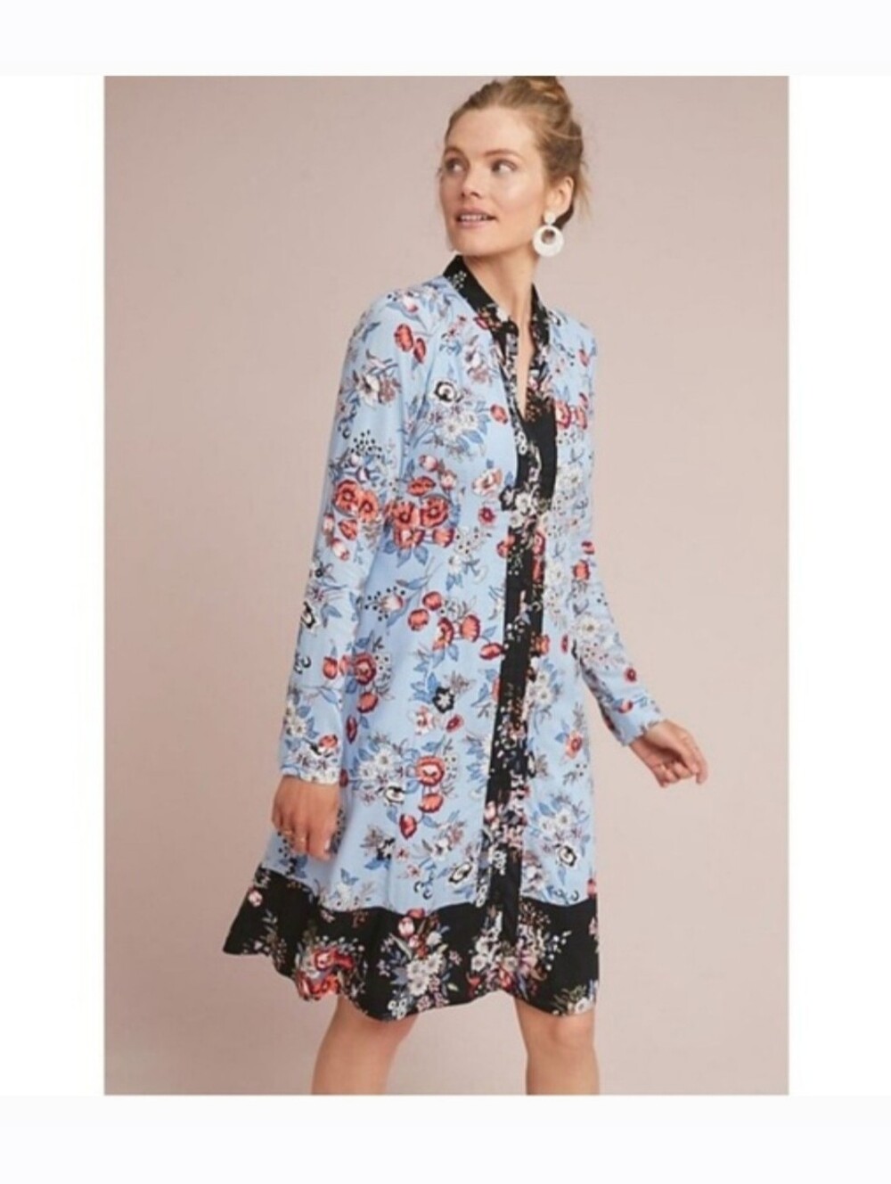 Maeve Leyster Blue Floral Button-Front Long Sleeve Back Lace Up Dress Sz 10
